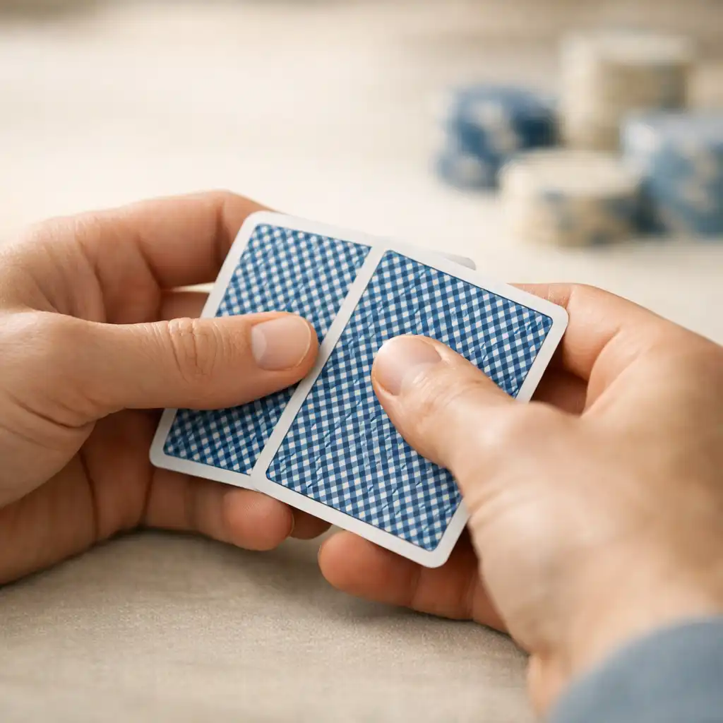 Ruce držící pokerové karty lícem dolů
