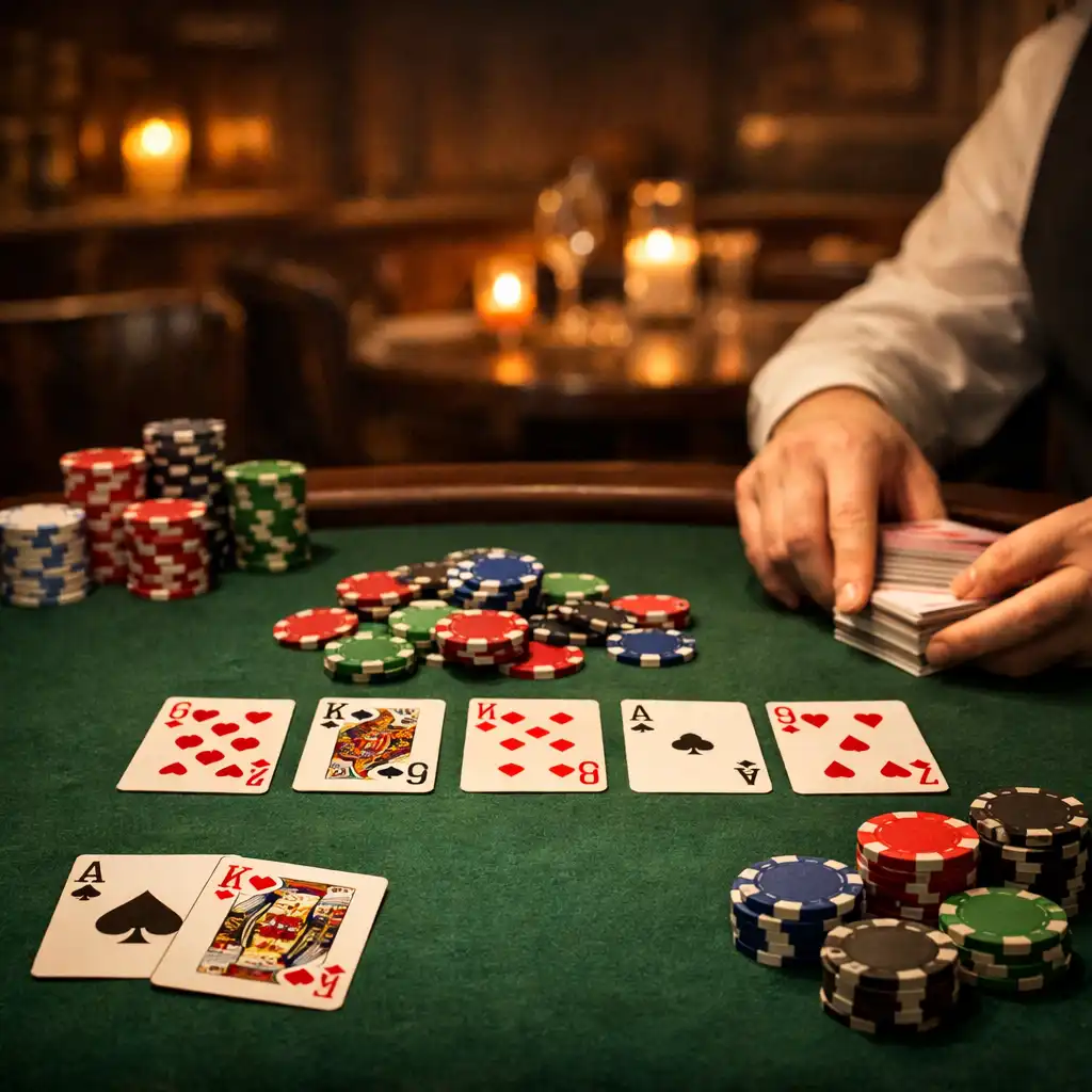 Atmosférický pohled na živý pokerový stůl s kartami a žetony v restauraci Chutná Stůl