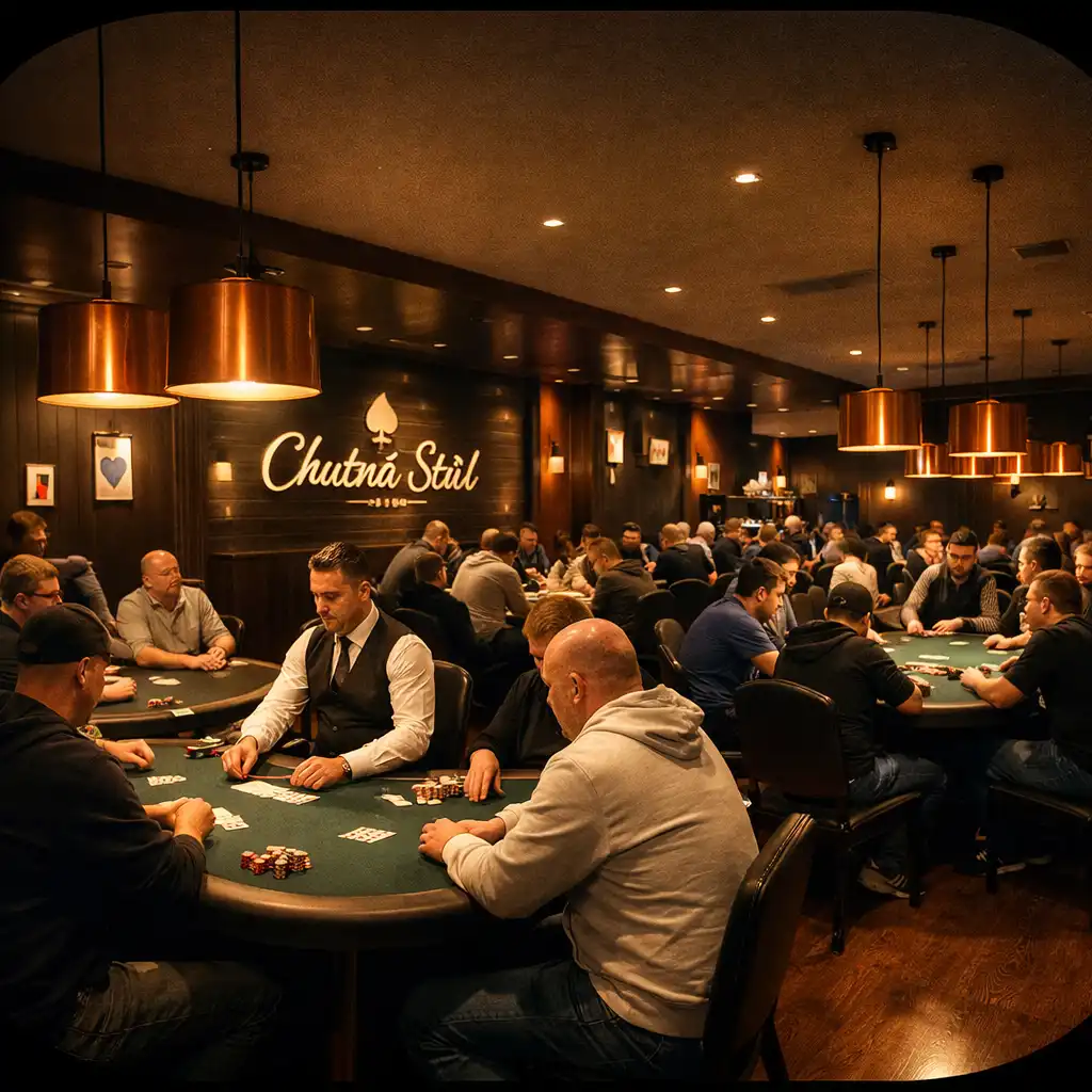 Pohled do pokerového sálu Chutné Stůl s hráči u stolů a teplým osvětlením