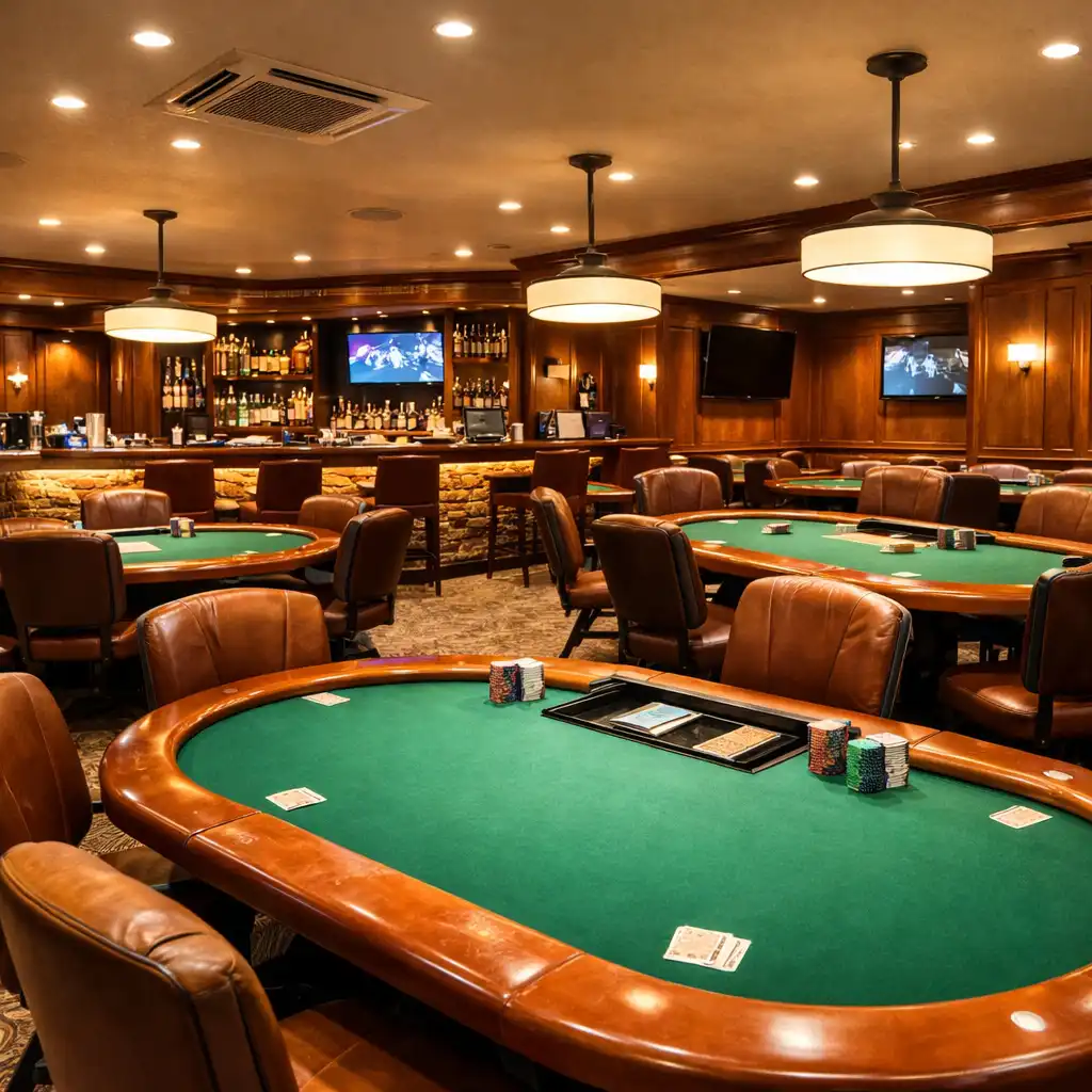 Interiér poker room s profesionálními stoly a barem