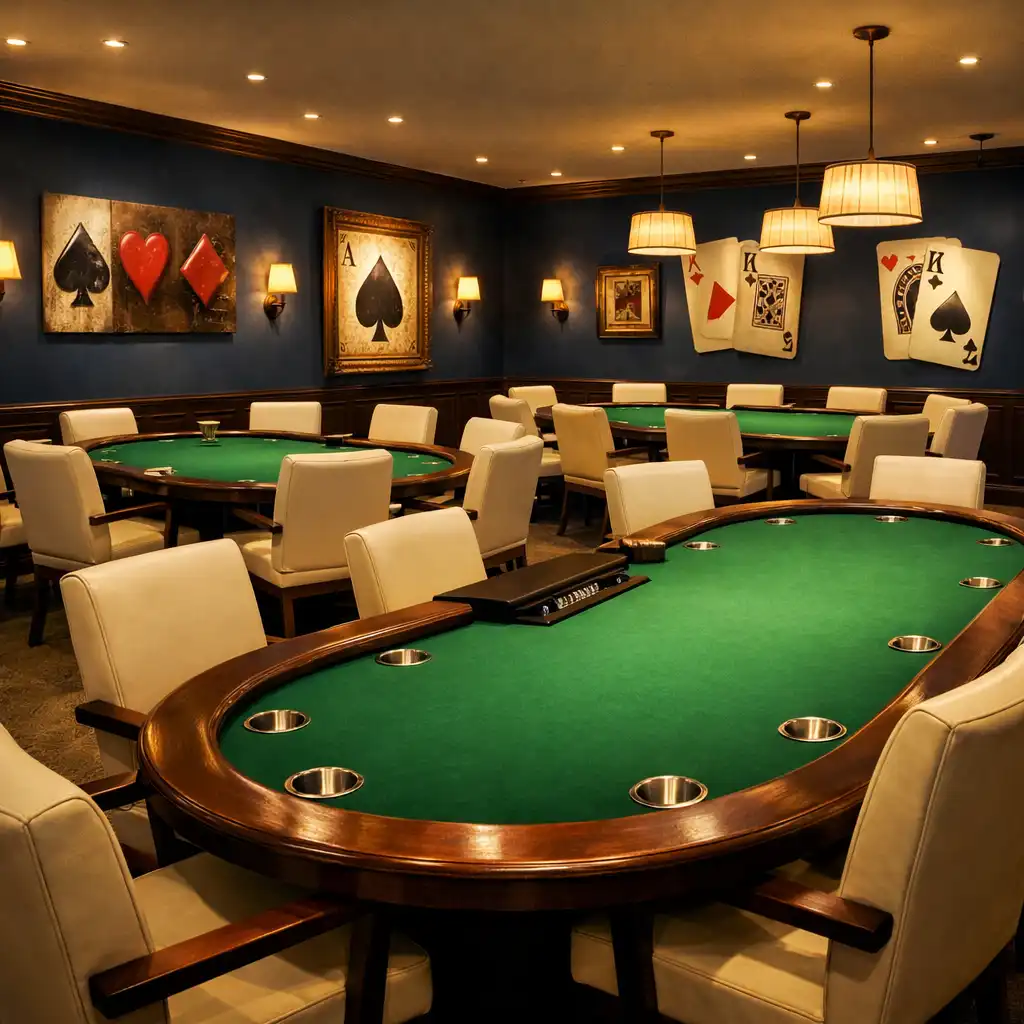Interiér pokerového sálu v restauraci Chutná Stůl s řadou pokerových stolů a teplým osvětlením