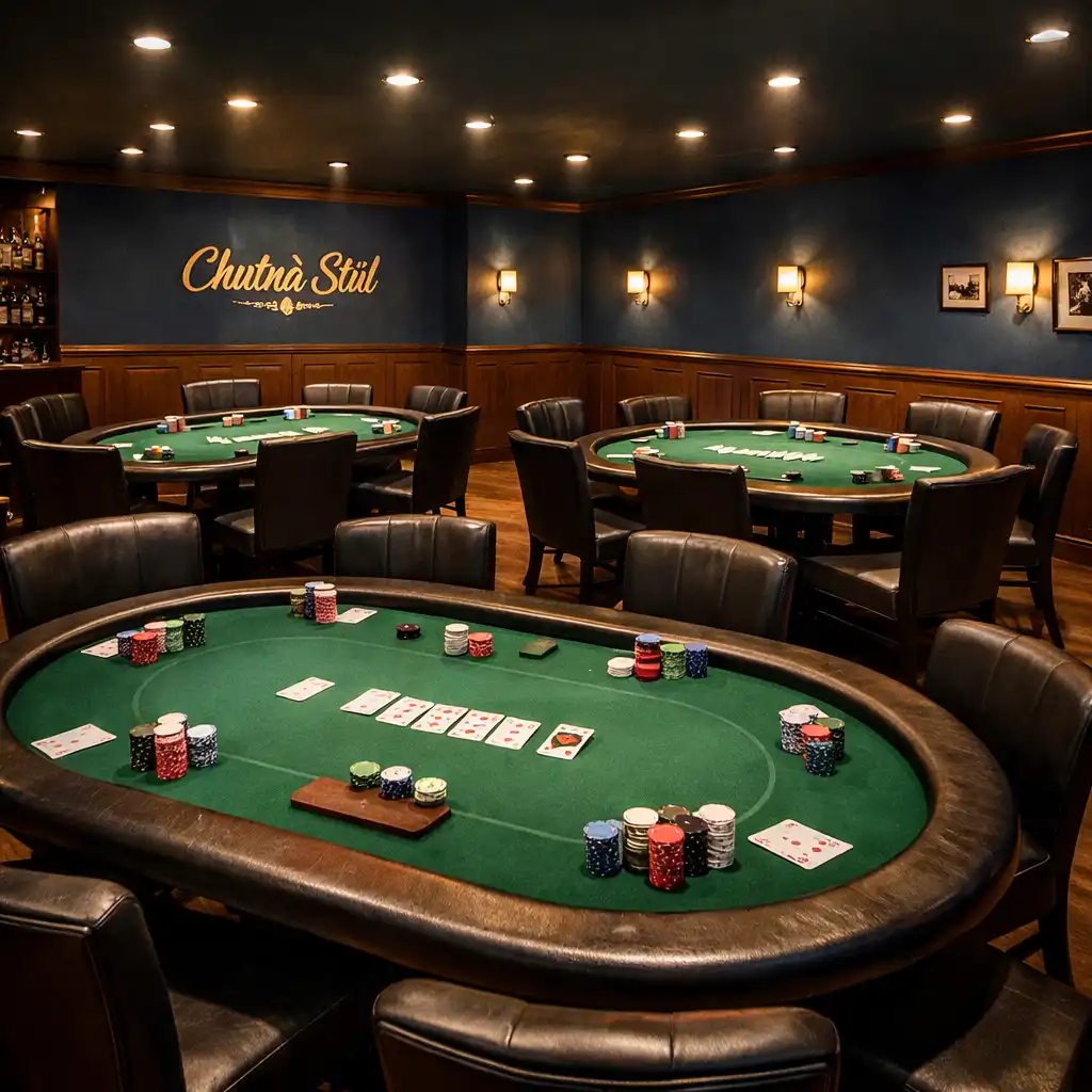 Interiér poker room v Chutné Stůl s tmavě modrými stěnami, dřevěným obložením a pokerovými stoly se zeleným potahem