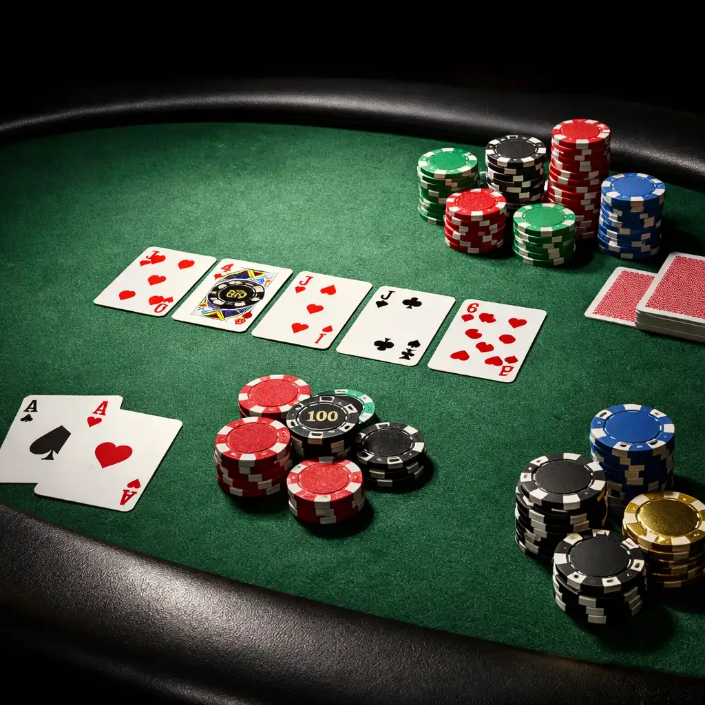 Profesionální pokerový stůl s plstěným povrchem, žetony a kartami