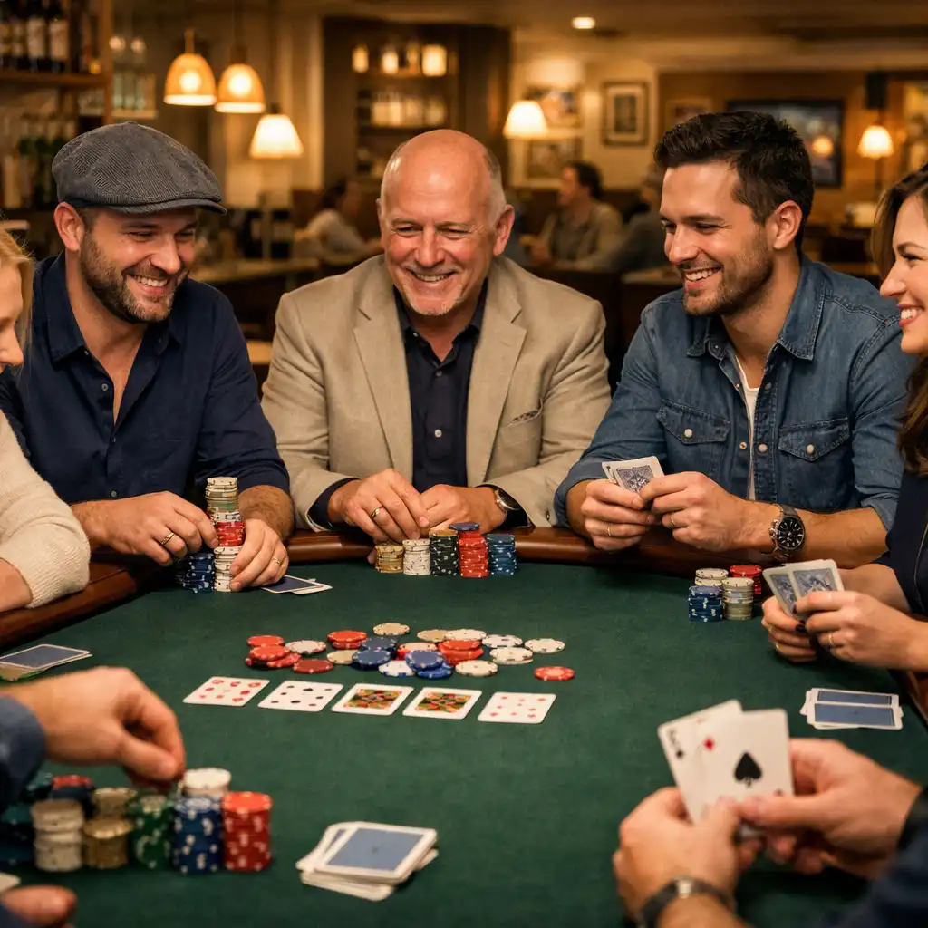 Hráči sedící kolem pokerového stolu v restauraci Chutná Stůl