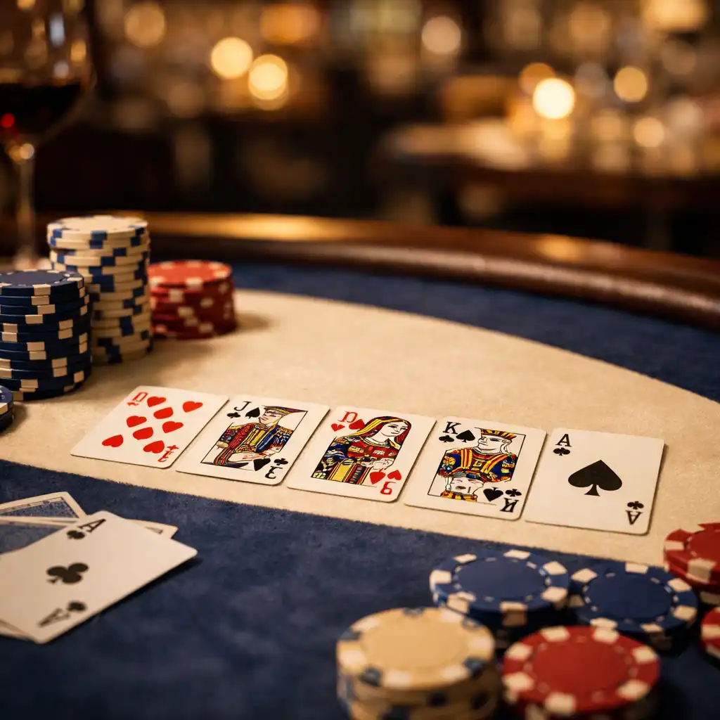 Pokerový stůl se zelenou plstí, kartami a keramickými žetony v restauraci Chutná Stůl