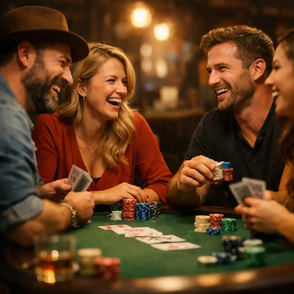 Skupina lidí hrajících poker u stolu během pokerového večera