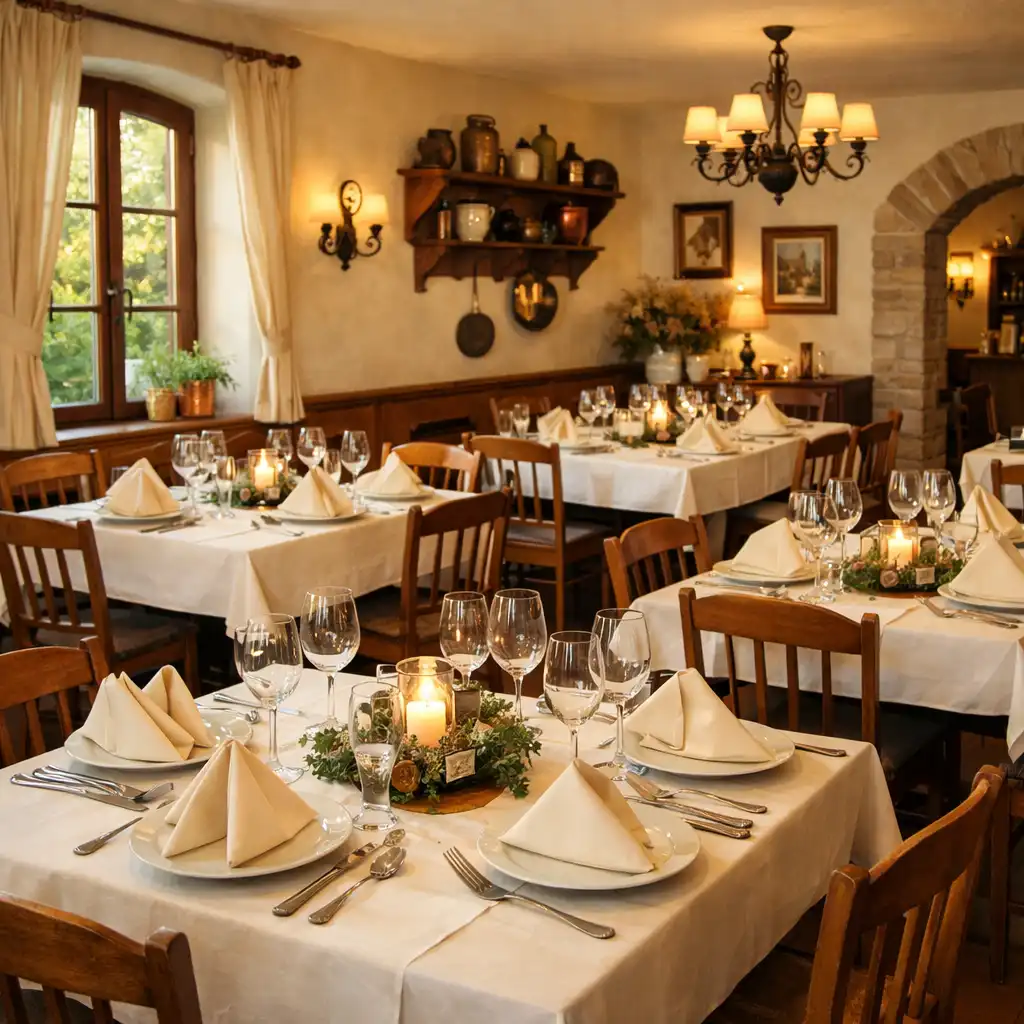 Hlavní sál restaurace s prostřenými stoly a teplým dřevěným nábytkem
