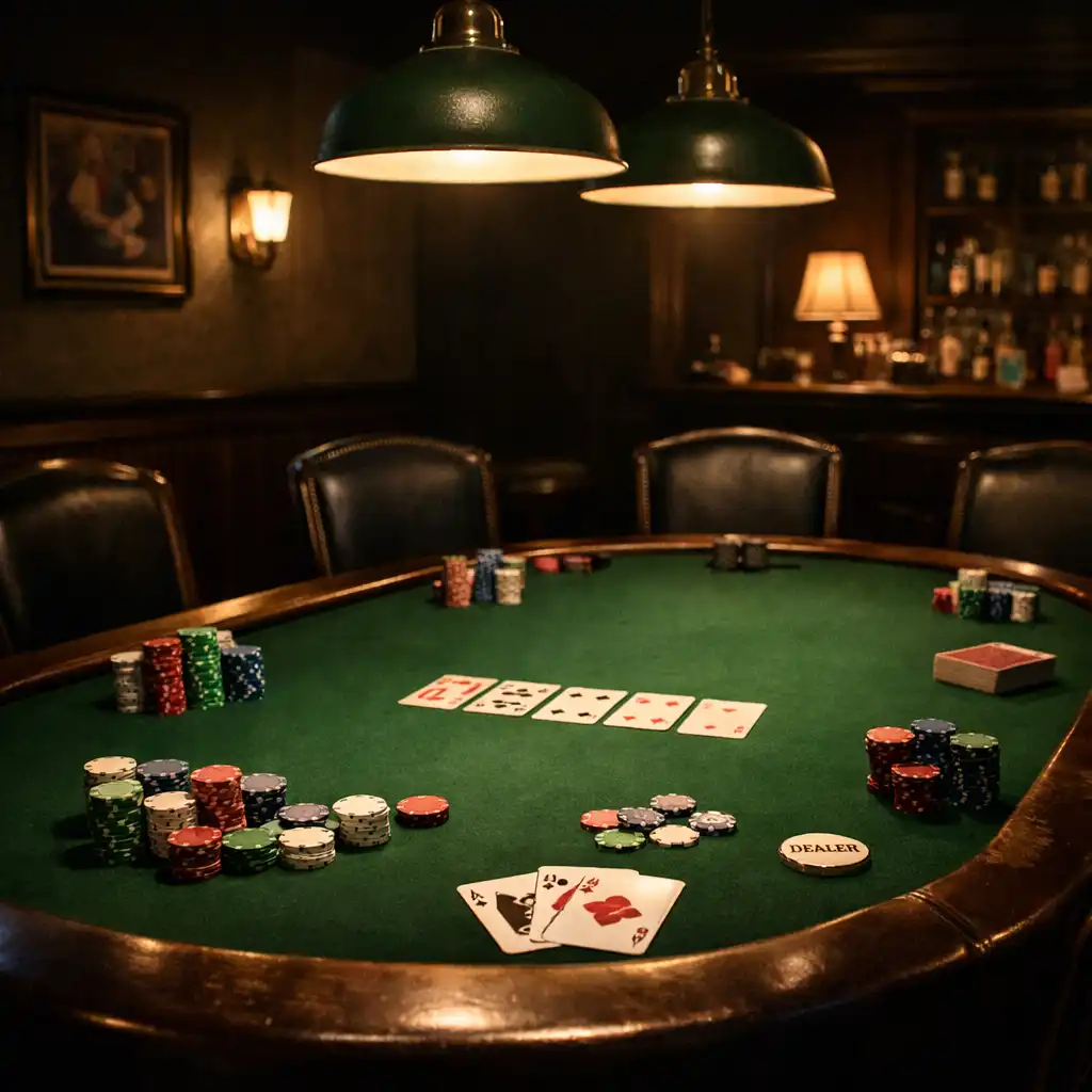 Pokerová místnost se zeleným stolem, žetony a kartami