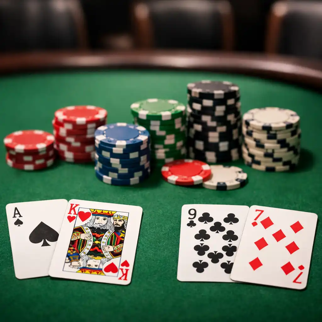 Detailní pohled na pokerový stůl s žetony a kartami