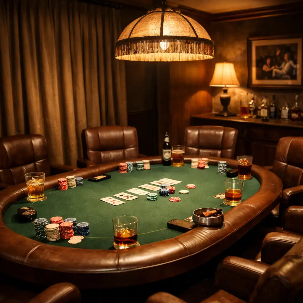 Soukromý pokerový stůl pro skupinu s židlemi a nápoji