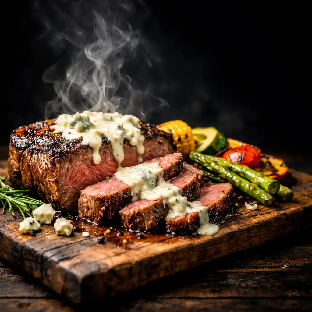 Hovězí steak s omáčkou z modrého sýra a grilovanou zeleninou