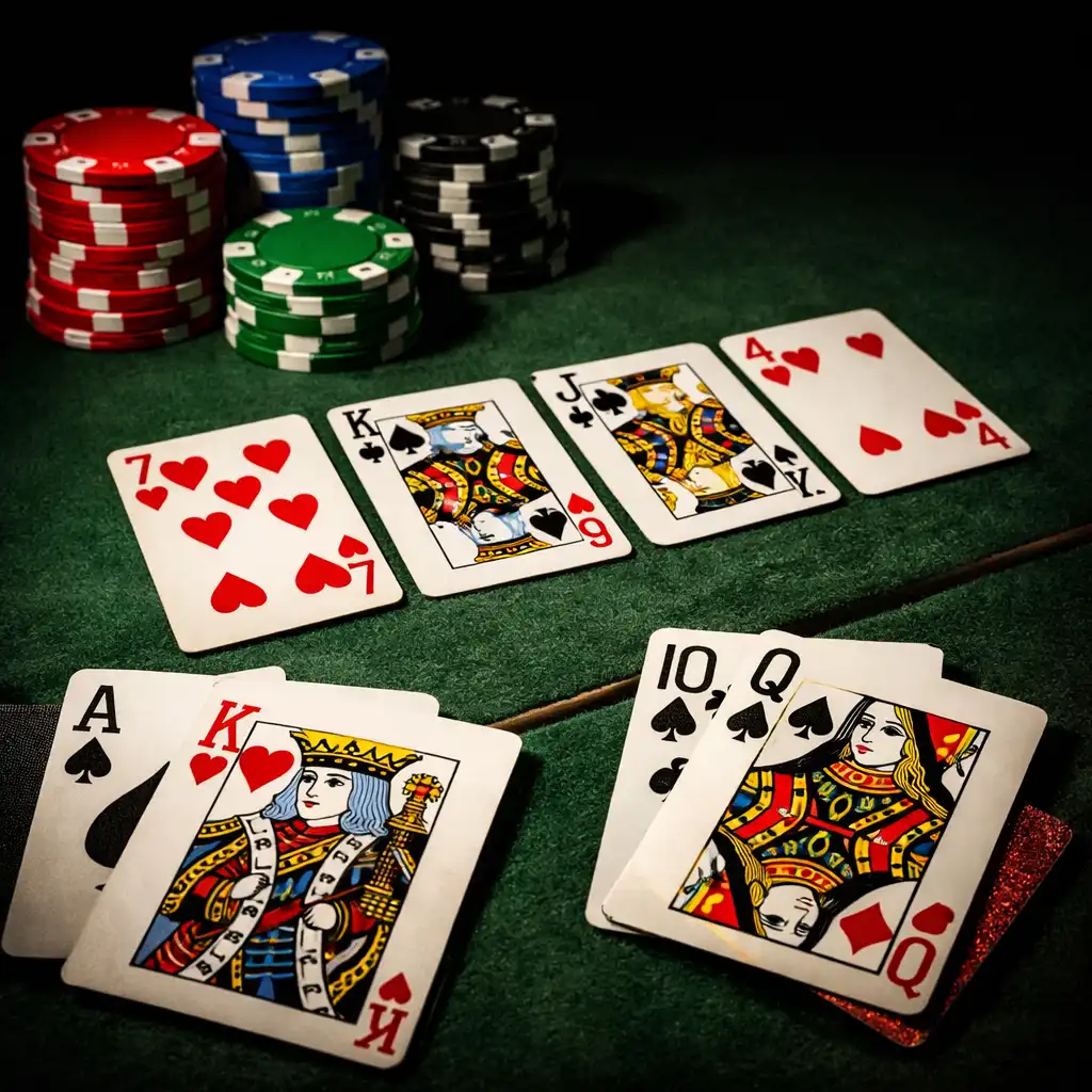 Karty Texas Hold'em a žetony na pokerovém stole