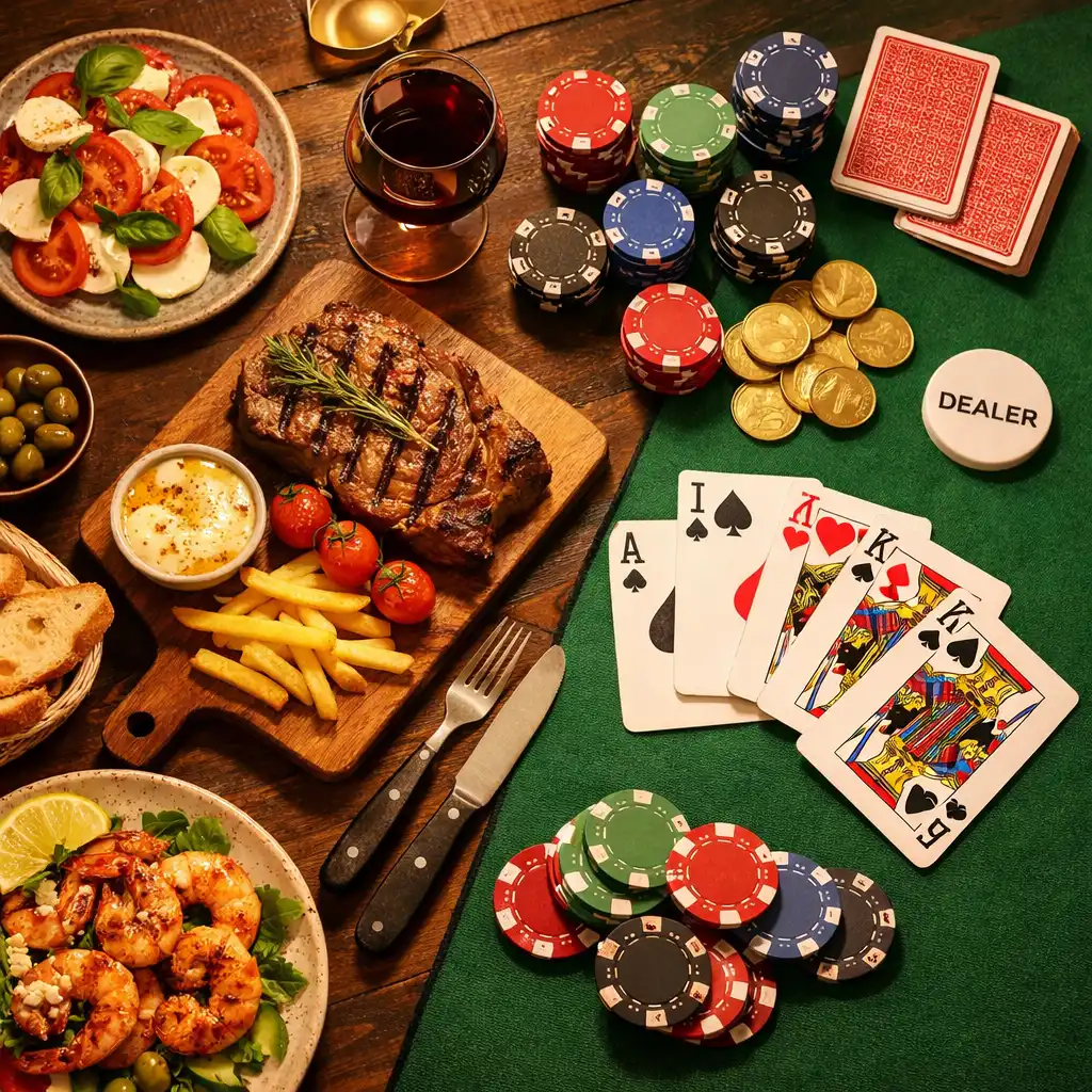 Stůl s jídlem a pokerovými kartami vedle sebe